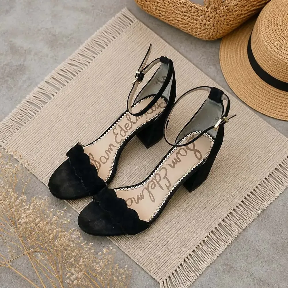 Sam Edelman Odila Black Suede Scallop Block Heel Sandals Women 8.5 Ankle Strap